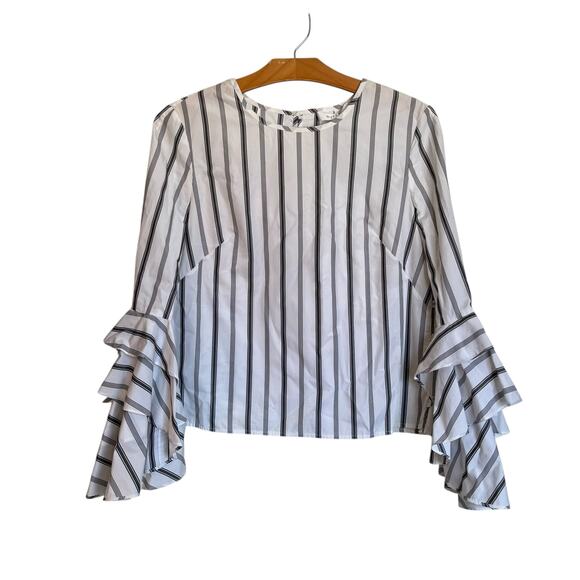 Milly Gabby Stripe Bell Sleeve Top Pinstriped High-Neck Ruffle White Office 4 - Picture 1 of 11